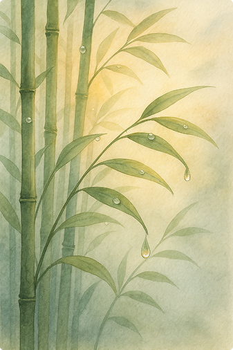 Close-up of dew on bamboo leaves representing acupuncture energy flow in Oberwil Basel clinic.