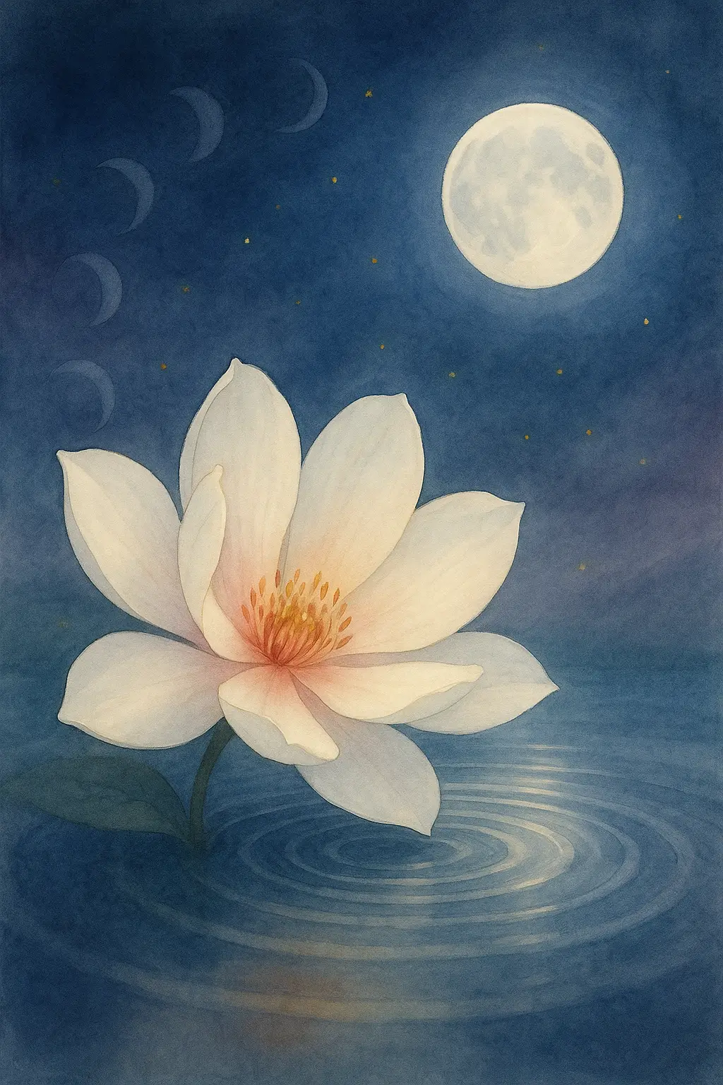White flower under moon symbolising women’s health acupuncture in Oberwil Basel.